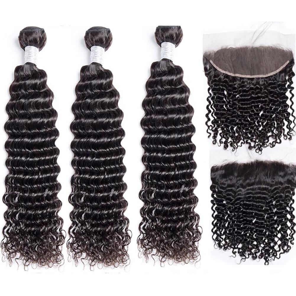 Superlove Deep Wave Hair 3 Bundles With Frontal 13x4 Free Part Lace Frontal 100% Virgin Human Hair - Image 3