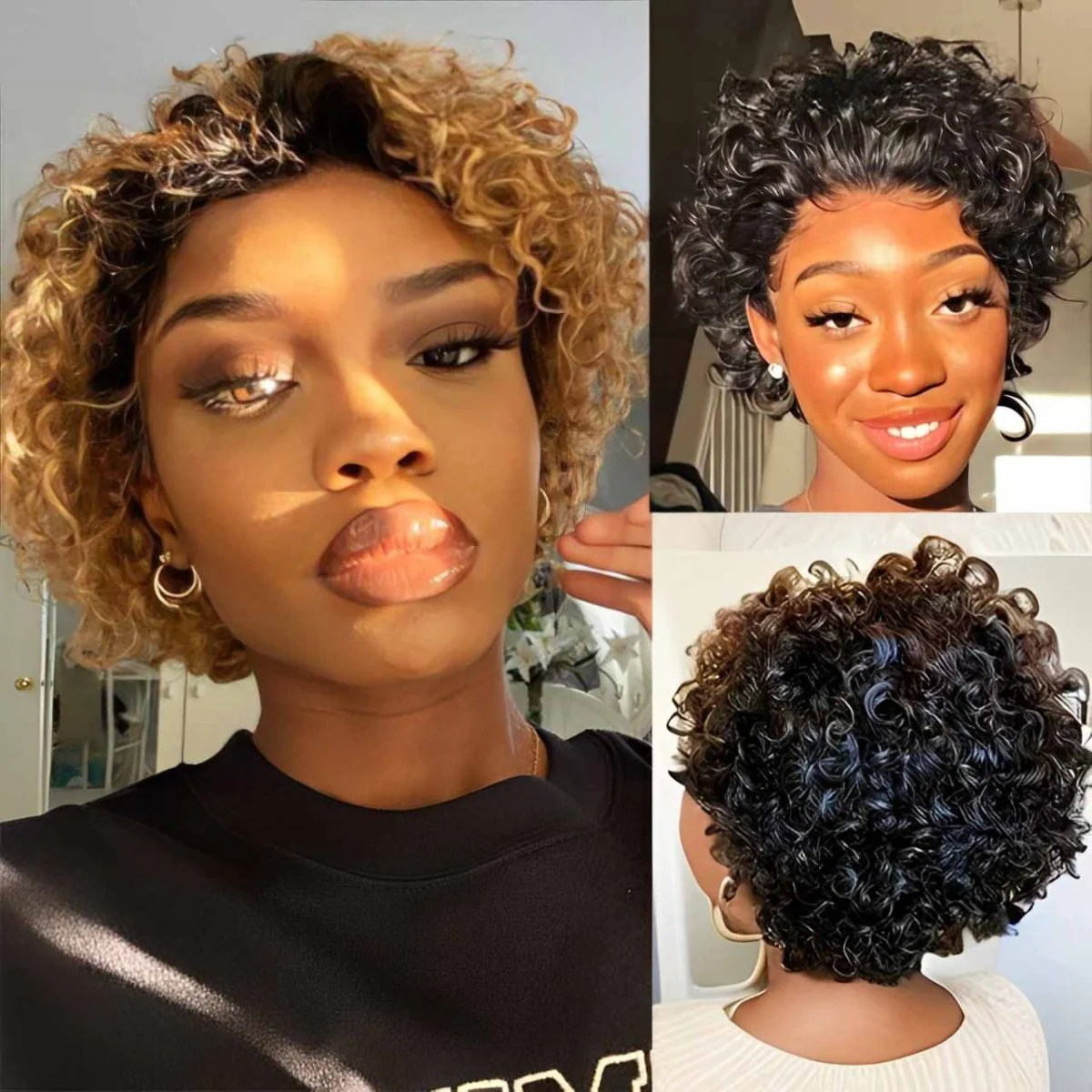 Flash Sale | Short Curly Pixie Cut 13x1 Lace Wig Natural Black & 1B/27 Ombre Glueless Wig - Image 3