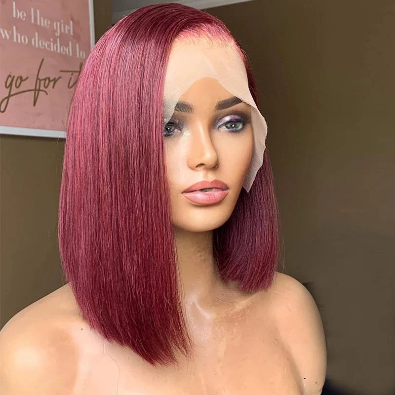 Glueless 99J Burgundy  13x4  Frontal Lace Straight Short Bob Wig - Image 2