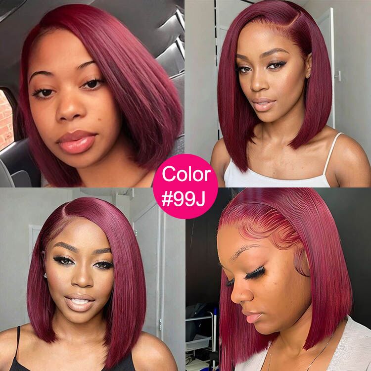 Glueless 99J Burgundy  13x4  Frontal Lace Straight Short Bob Wig - Image 3