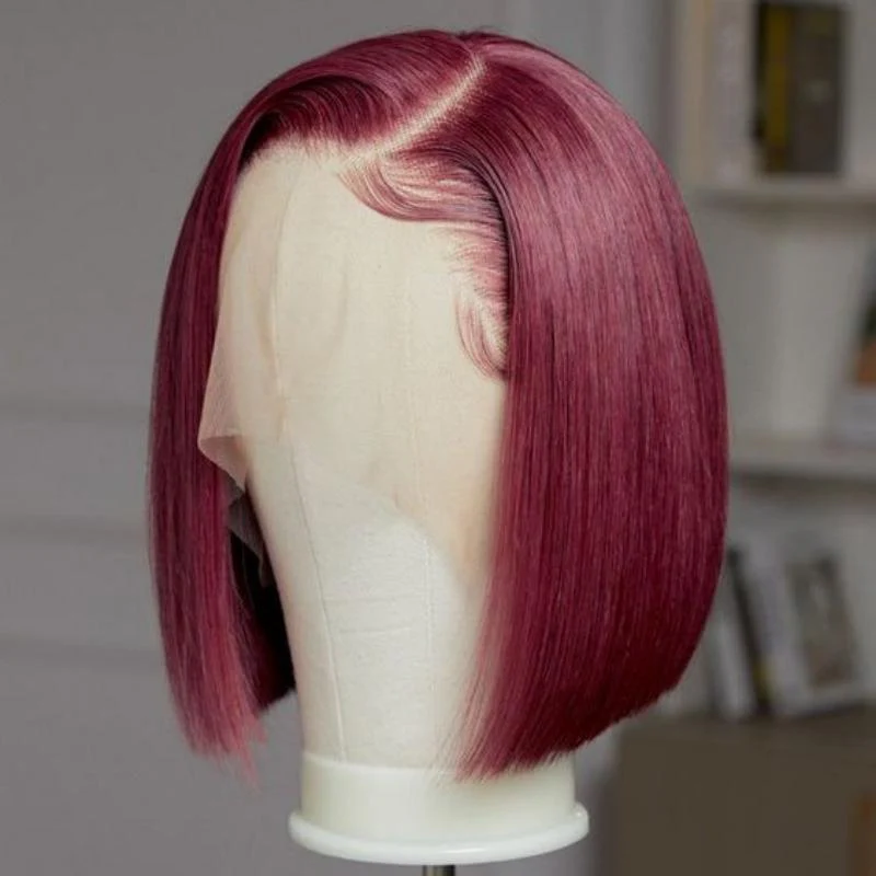 Glueless 99J Burgundy  13x4  Frontal Lace Straight Short Bob Wig - Image 4