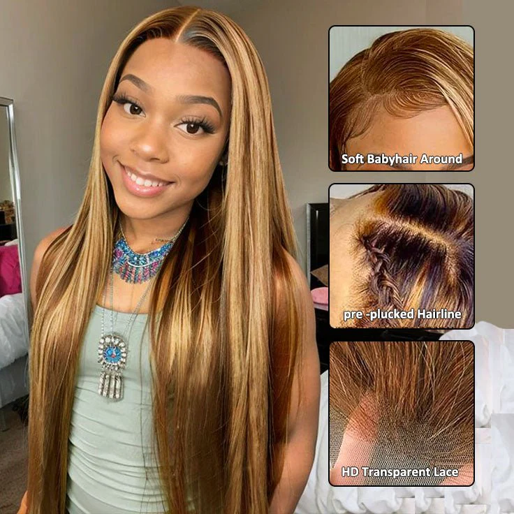 Glueless 13x4 Straight Highlight P4/27 Honey Blonde Wigs