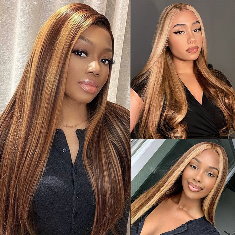 Glueless 13x4 Straight Highlight P4/27 Honey Blonde Wigs - Image 3