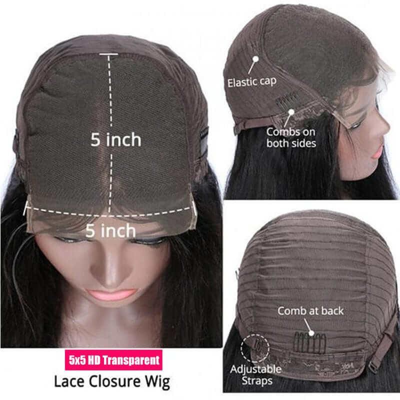 Glueless Malaysian Straight Human Hair 5x5 Lace Closure Wigs Pre Plucked with Baby Hair - Image 4