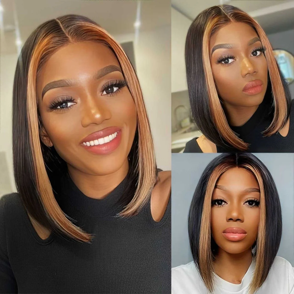 13x1 T Part Lace Front Highlight 1B/27 Straight Human Hair Wigs Straight Bob Wig - Image 3