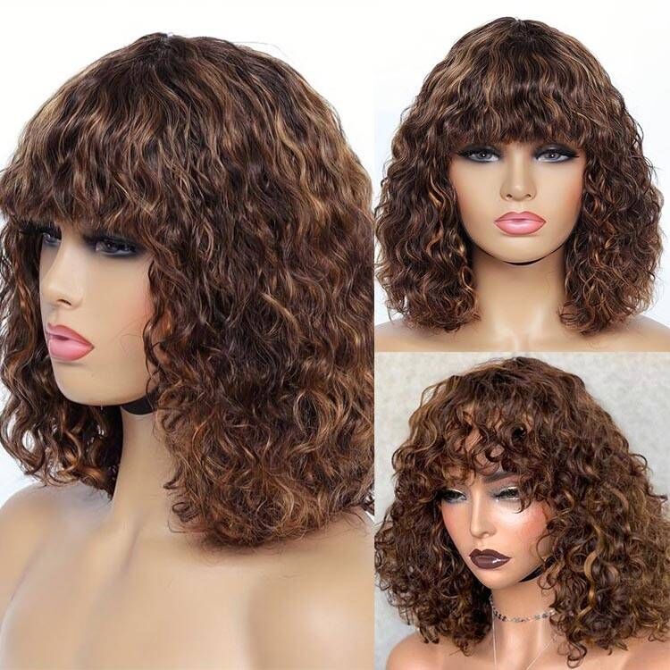 Readytogo Highlight #4/30 Glueless Water Wave Bob Wig Human hair with Bangs - Image 2