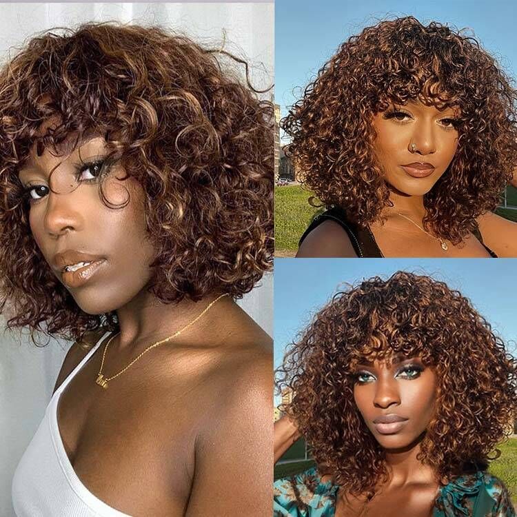 Readytogo Highlight #4/30 Glueless Water Wave Bob Wig Human hair with Bangs - Image 3