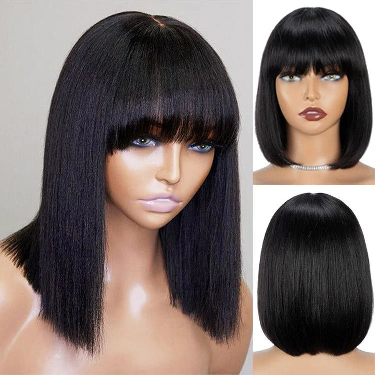 Straight Fringe Bob Wig With Bangs Brazilian Short Bob Human Hair Wigs For Women  Machine Made Wig With Bangs Remy Hair Full Wig Natural Color - Image 3